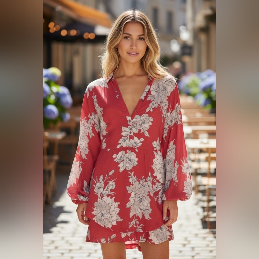 Free People Shake It Up Dress Mini Tiered Long Sleeve Spring Lightweight RARE